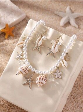 Faux Pearl Shell & Starfish Beach Necklace Set